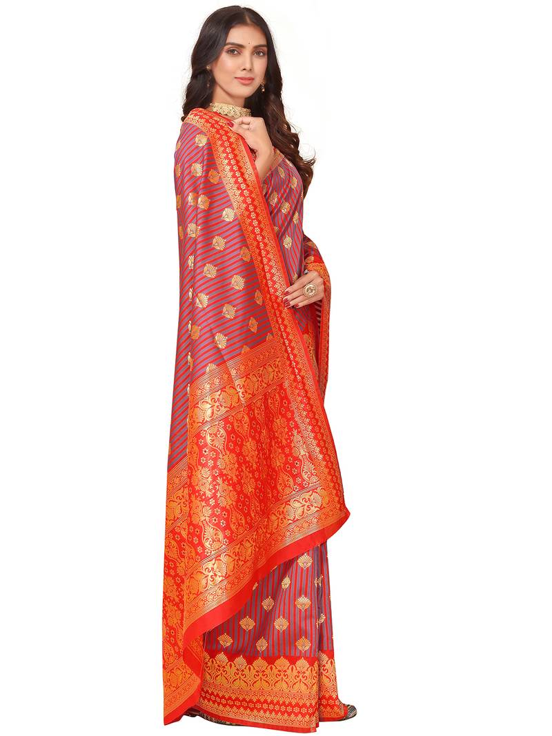 Leeza Store Women'S Red Grey Cotton Silk Blend Golden Zari Woven Design Striped Faux Banarasi Saree