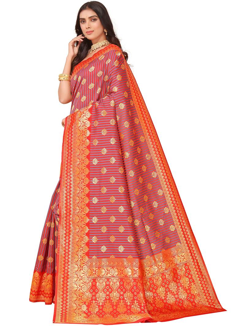 Leeza Store Women'S Red Grey Cotton Silk Blend Golden Zari Woven Design Striped Faux Banarasi Saree
