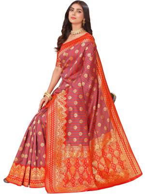 Leeza Store Women'S Red Grey Cotton Silk Blend Golden Zari Woven Design Striped Faux Banarasi Saree 5