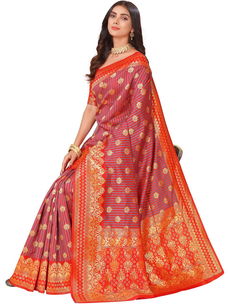Leeza Store Women'S Red Grey Cotton Silk Blend Golden Zari Woven Design Striped Faux Banarasi Saree