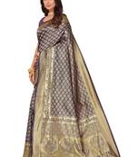 Leeza Store Women's Blue Cotton Silk Blend Latest Kanjivaram Kanchipuram Golden Zari Woven Design Banarasi Saree