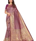 Leeza Store Women's Purple Cotton Silk Blend Latest Kanjivaram Kanchipuram Golden Zari Woven Design Banarasi Saree