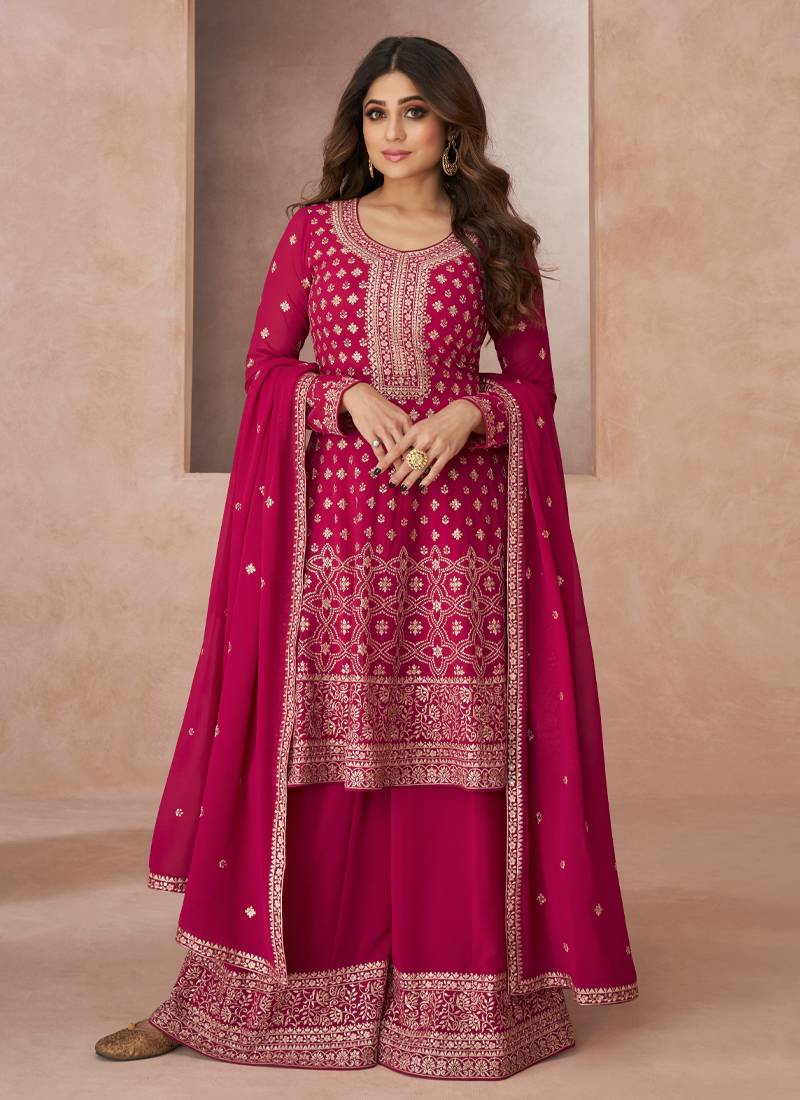 Indian Ethnic Wear Peplum Style Frock Suit With Rani Pink Color