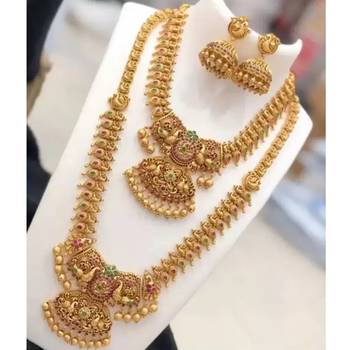 Gold Plated Traditional South Indian Stylish Multicolour Stone Work Long Necklace With Earrings For Women 1