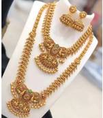 Gold Plated Traditional South Indian Stylish Multicolour Stone Work Long Necklace With Earrings For Women