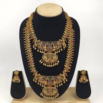 Gold Plated Traditional South Indian Stylish Multicolour Stone Work Long Necklace With Earrings For Women 2