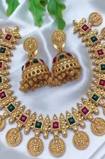 JEWELLERY Gold Plated Stylish Fancy Choker Traditional Necklace with matching earrings Jewellery Set for Women