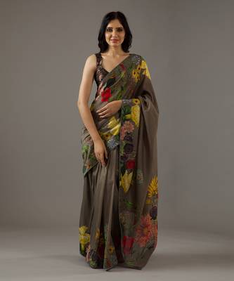 Olive green printed saree Set 1