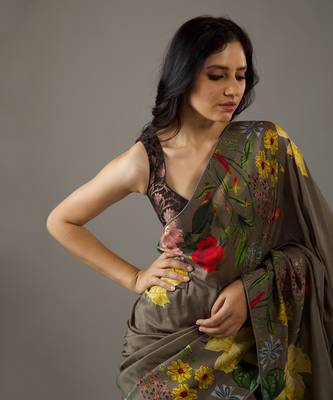 Olive green printed saree Set 2