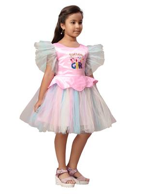 Aarika girls pink colour net embellished frock 4