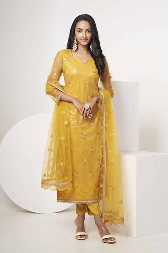 MUSTARD YELLOW EMBROIDERED NET SALWAR KAMEEZ SUIT SEMI STITCHED