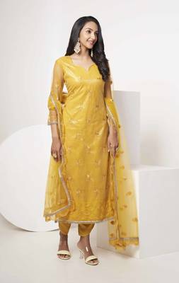 MUSTARD YELLOW EMBROIDERED NET SALWAR KAMEEZ SUIT SEMI STITCHED 2