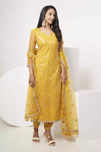 MUSTARD YELLOW EMBROIDERED NET SALWAR KAMEEZ SUIT SEMI STITCHED