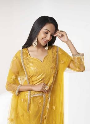 MUSTARD YELLOW EMBROIDERED NET SALWAR KAMEEZ SUIT SEMI STITCHED 3