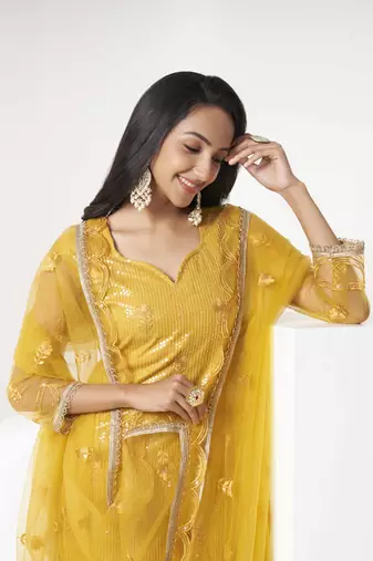 MUSTARD YELLOW EMBROIDERED NET SALWAR KAMEEZ SUIT SEMI STITCHED