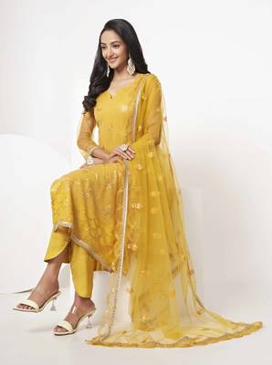 MUSTARD YELLOW EMBROIDERED NET SALWAR KAMEEZ SUIT SEMI STITCHED 4
