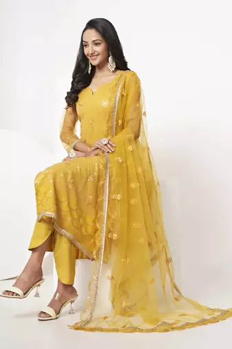 MUSTARD YELLOW EMBROIDERED NET SALWAR KAMEEZ SUIT SEMI STITCHED