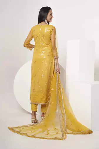 MUSTARD YELLOW EMBROIDERED NET SALWAR KAMEEZ SUIT SEMI STITCHED