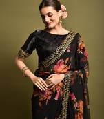 Black Colour Colour Digital Prited Georgette Fabric Saree WITH UN-STITCHED BLOUSE