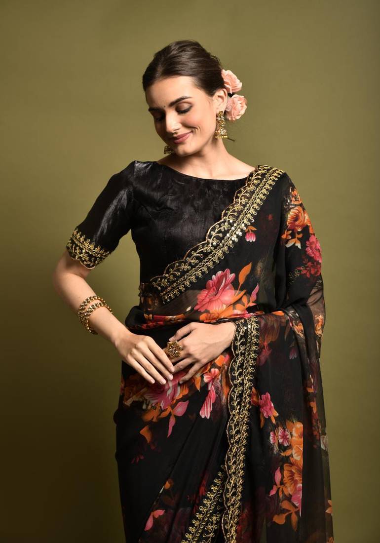 Black Colour Colour Digital Prited Georgette Fabric Saree WITH UN-STITCHED BLOUSE