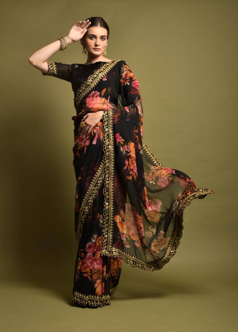 Black Colour Colour Digital Prited Georgette Fabric Saree WITH UN-STITCHED BLOUSE