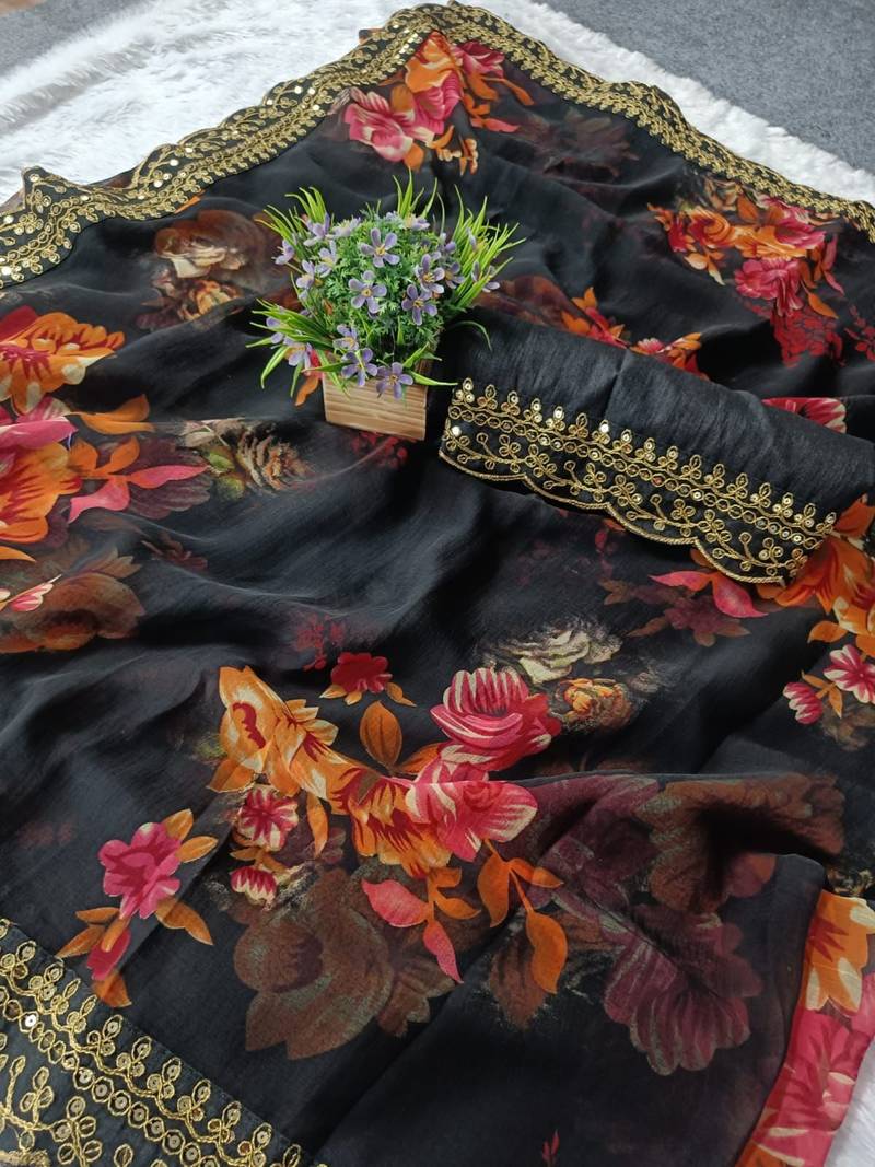 Black Colour Colour Digital Prited Georgette Fabric Saree WITH UN-STITCHED BLOUSE