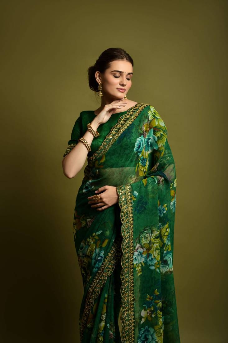 green Colour Digital Prited Georgette Fabric Saree WITH UN-STITCHED BLOUSE