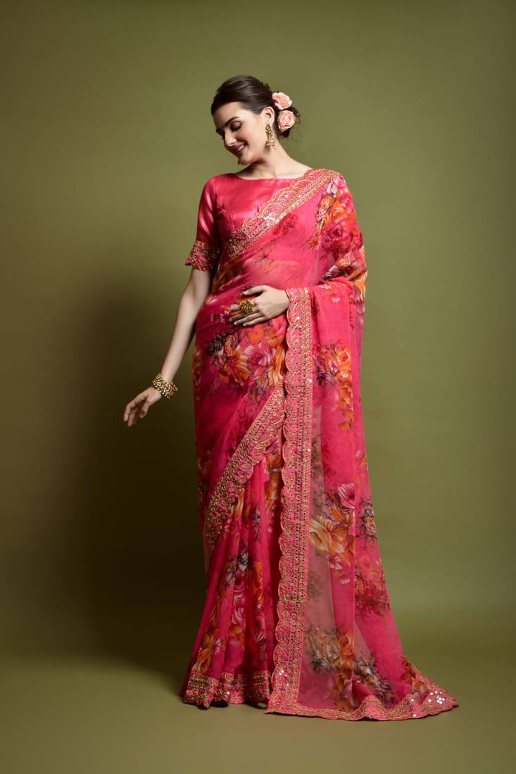 Pink Colour Digital Prited Georgette Fabric Saree WITH UN-STITCHED BLOUSE