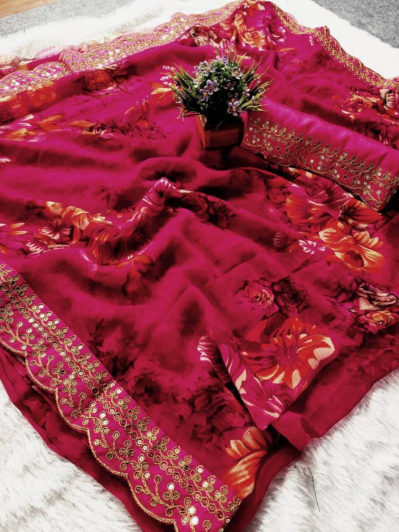 Pink Colour Digital Prited Georgette Fabric Saree WITH UN-STITCHED BLOUSE