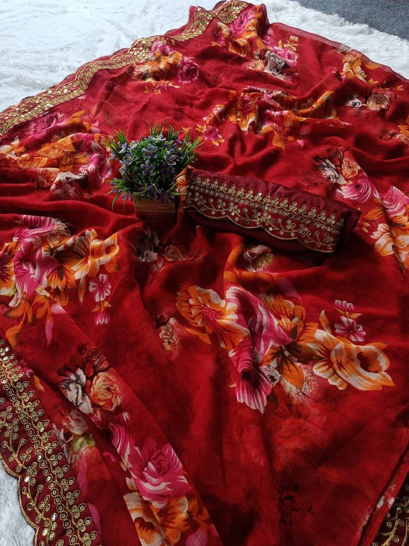 Red Colour Digital Prited Georgette Fabric Saree WITH UN-STITCHED BLOUSE