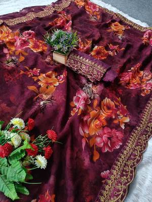 maroon Colour Digital Prited Georgette Fabric Saree WITH UN-STITCHED BLOUSE 5