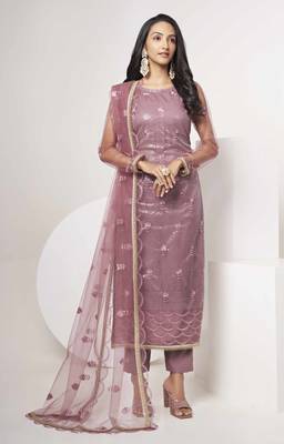 DARK ONION PINK EMBROIDERED NET SALWAR KAMEEZ SUIT SEMI STITCHED 1