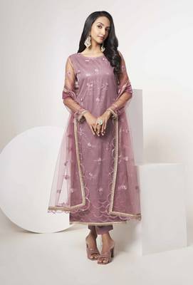 DARK ONION PINK EMBROIDERED NET SALWAR KAMEEZ SUIT SEMI STITCHED 2