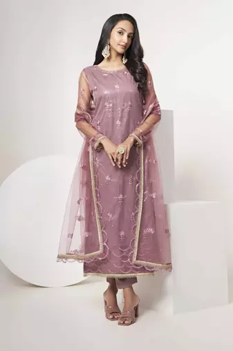 DARK ONION PINK EMBROIDERED NET SALWAR KAMEEZ SUIT SEMI STITCHED