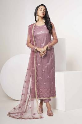 DARK ONION PINK EMBROIDERED NET SALWAR KAMEEZ SUIT SEMI STITCHED 3