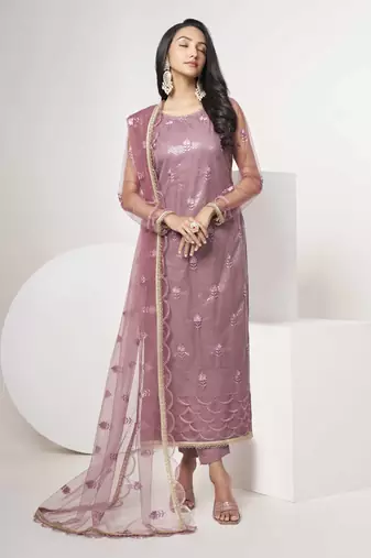 DARK ONION PINK EMBROIDERED NET SALWAR KAMEEZ SUIT SEMI STITCHED