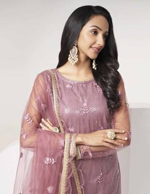 DARK ONION PINK EMBROIDERED NET SALWAR KAMEEZ SUIT SEMI STITCHED 4