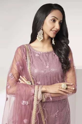 DARK ONION PINK EMBROIDERED NET SALWAR KAMEEZ SUIT SEMI STITCHED