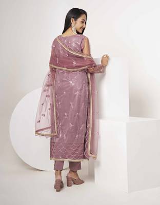 DARK ONION PINK EMBROIDERED NET SALWAR KAMEEZ SUIT SEMI STITCHED 5