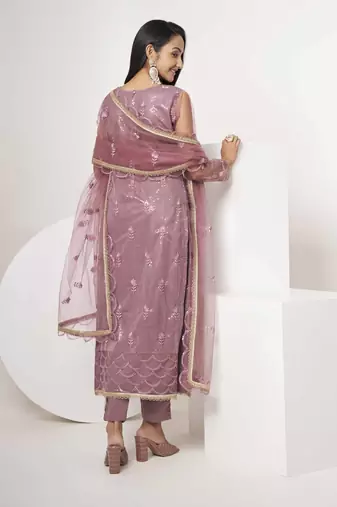 DARK ONION PINK EMBROIDERED NET SALWAR KAMEEZ SUIT SEMI STITCHED