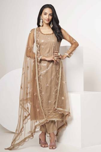 BISCUIT BROWN EMBROIDERED NET SALWAR KAMEEZ SUIT SEMI STITCHED