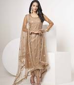 BISCUIT BROWN EMBROIDERED NET SALWAR KAMEEZ SUIT SEMI STITCHED