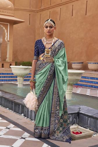 Sea Green silk blend Blend Saree With Unstitched Blouse Piece