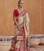 Beige silk blend Blend Saree With Unstitched Blouse Piece
