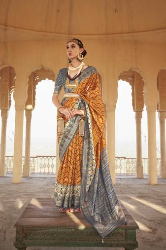 Mustard silk blend Blend Saree With Unstitched Blouse Piece