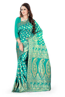 Turquoise plain art_silk saree with blouse 1