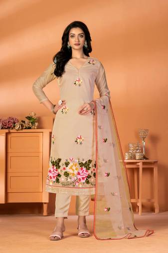 Peach Designer Embroidery Work Modal Silk unstitched Long Length Kameez Pant party wear salwarsuit