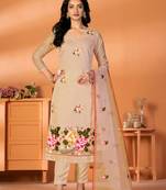 Peach Designer Embroidery Work Modal Silk unstitched Long Length Kameez Pant party wear salwarsuit