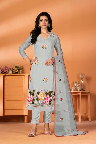 Blue Designer Embroidery Work Modal Silk unstitched Long Length Kameez Pant party wear salwarsuit