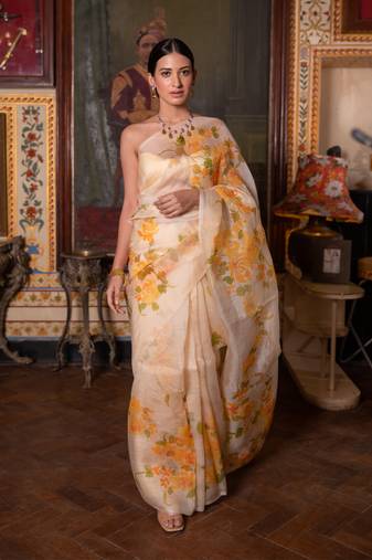 Geroo Jaipur Beige Hand Painted  Pure Organza Saree